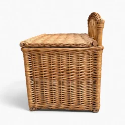Coffre -banquette ancien en osier tressé-dossier ajouré 1950