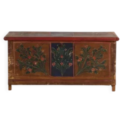 Coffre de mariage ancien à motifs floraux polychromes (vers 1860) #104