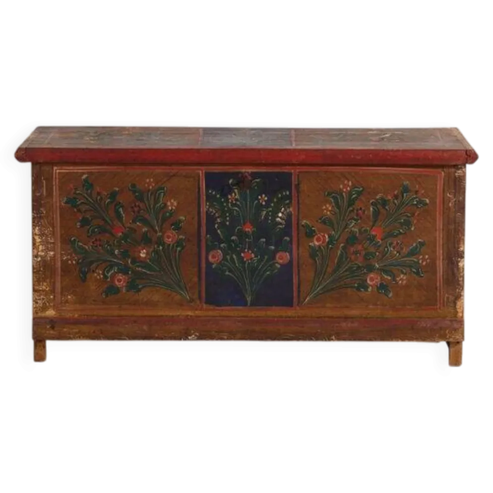 Coffre de mariage ancien à motifs floraux polychromes (vers 1860) #104