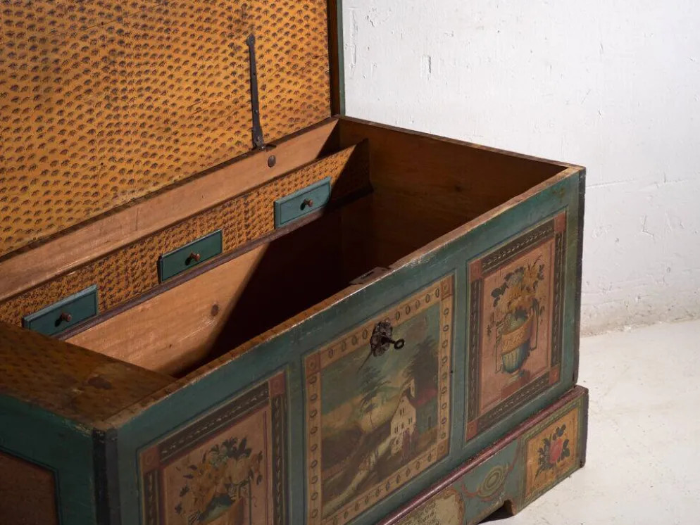 Coffre de mariage ancien peint en pin – Empire austro-hongrois , 1841