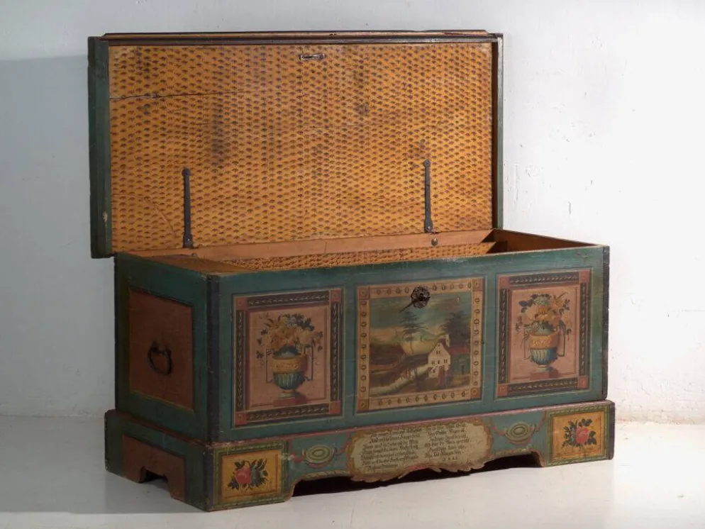 Coffre de mariage ancien peint en pin – Empire austro-hongrois , 1841