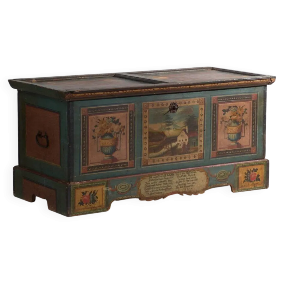 Coffre de mariage ancien peint en pin – Empire austro-hongrois , 1841