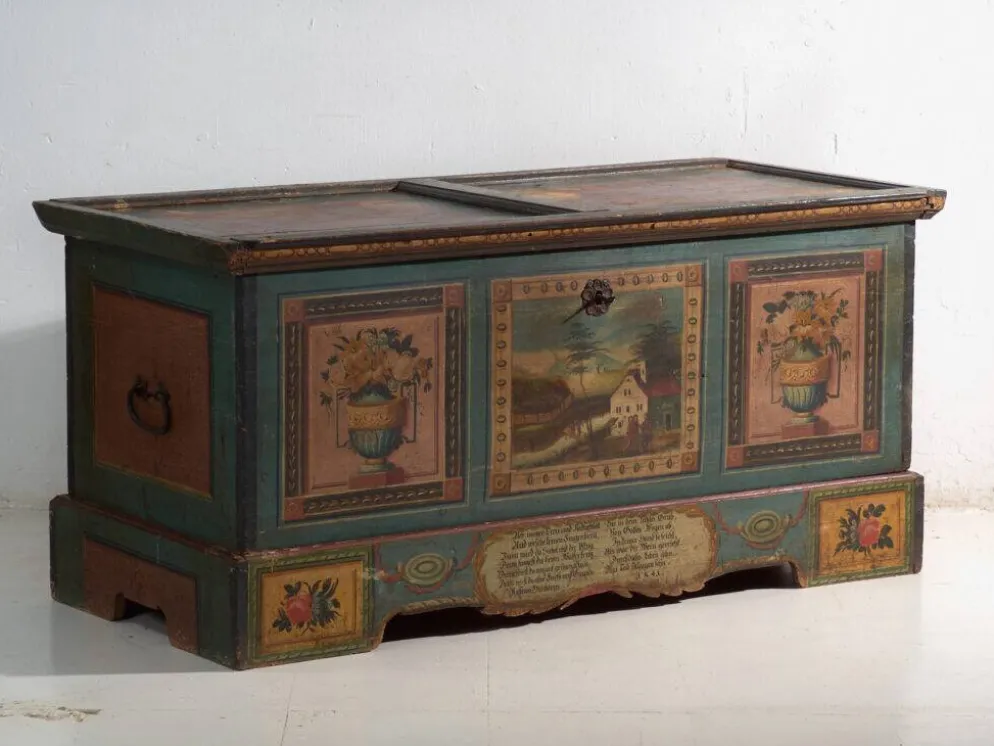 Coffre de mariage ancien peint en pin – Empire austro-hongrois , 1841