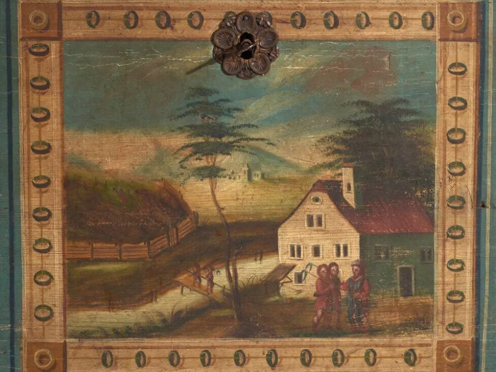 Coffre de mariage ancien peint en pin – Empire austro-hongrois , 1841