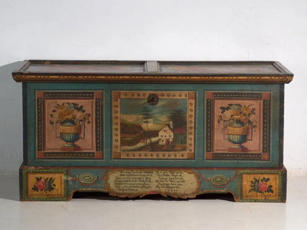 Coffre de mariage ancien peint en pin – Empire austro-hongrois , 1841