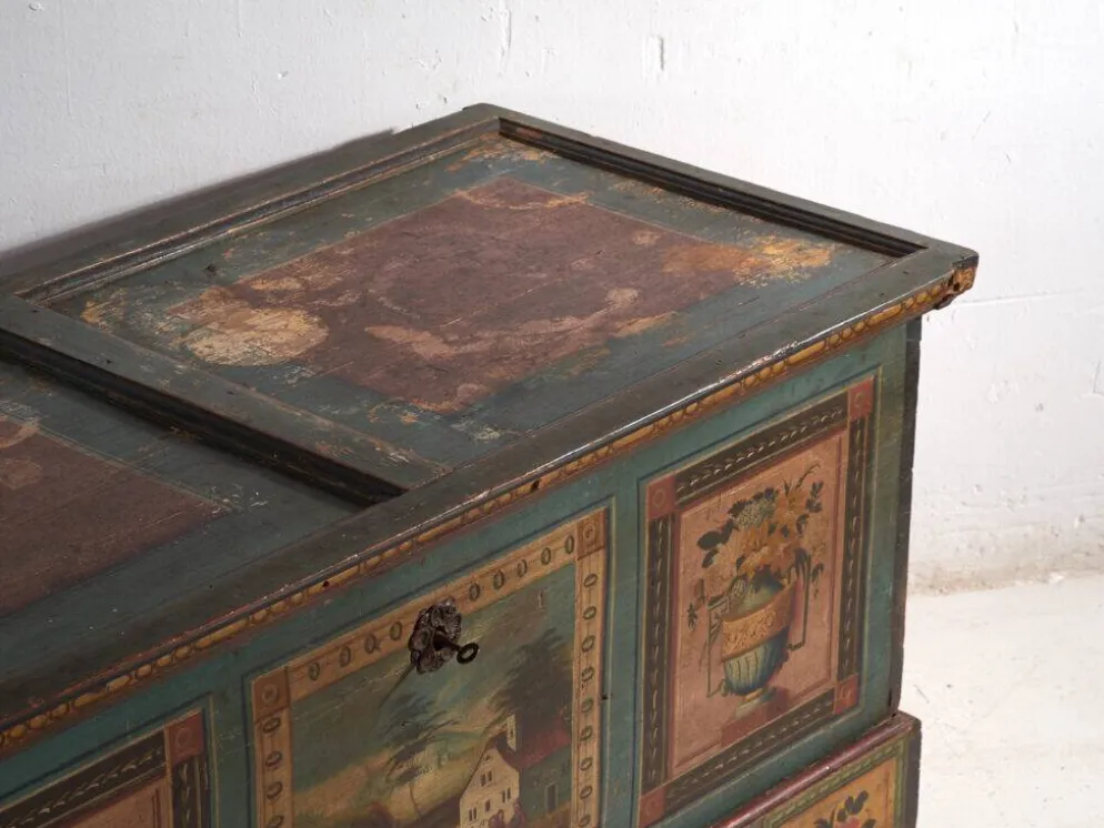 Coffre de mariage ancien peint en pin – Empire austro-hongrois , 1841