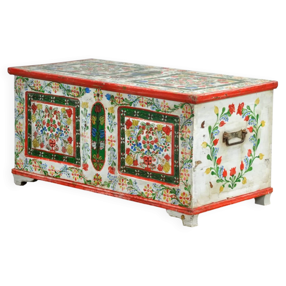 Coffre de mariée en art populaire, daté de 1948