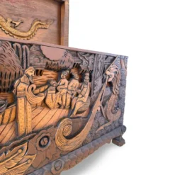 Coffre d'exportation chinois ancien sculpté – Décor de dragon, phénix et paysage