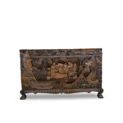 Coffre d'exportation chinois ancien sculpté – Décor de dragon, phénix et paysage