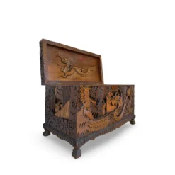 Coffre d'exportation chinois ancien sculpté – Décor de dragon, phénix et paysage