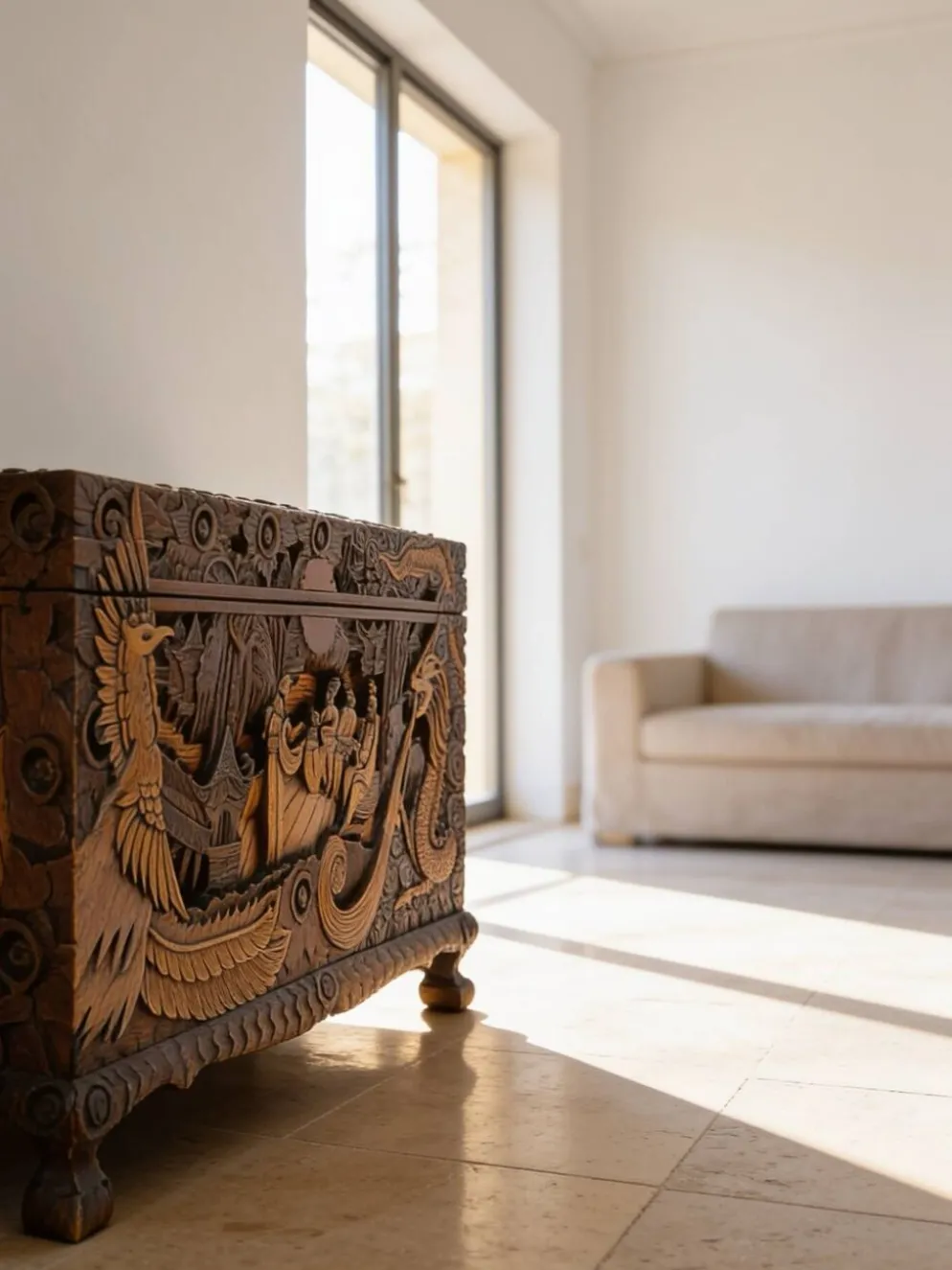 Coffre d'exportation chinois ancien sculpté – Décor de dragon, phénix et paysage