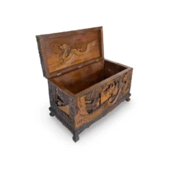 Coffre d'exportation chinois ancien sculpté – Décor de dragon, phénix et paysage