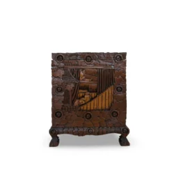 Coffre d'exportation chinois ancien sculpté – Décor de dragon, phénix et paysage