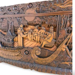 Coffre d'exportation chinois ancien sculpté – Décor de dragon, phénix et paysage
