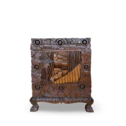 Coffre d'exportation chinois ancien sculpté – Décor de dragon, phénix et paysage