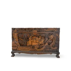 Coffre d'exportation chinois ancien sculpté – Décor de dragon, phénix et paysage