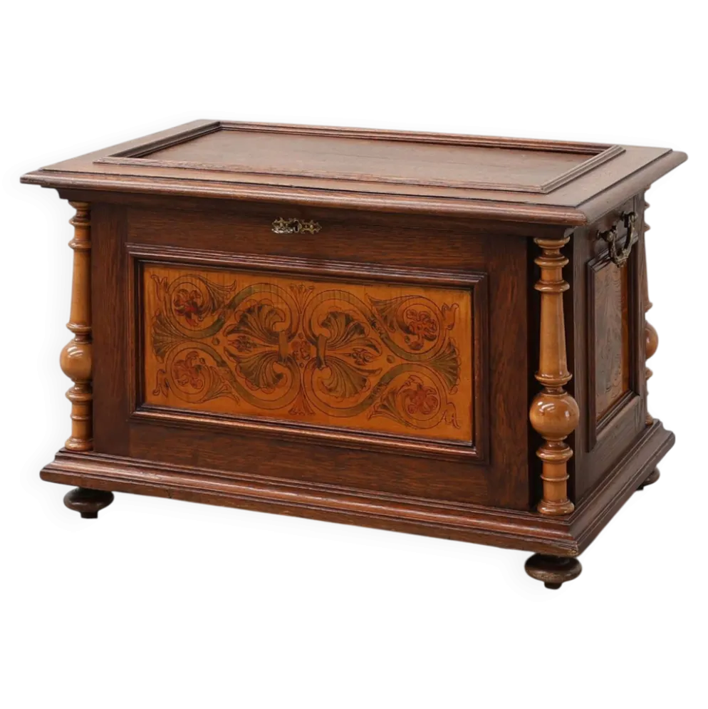 Coffre en noyer néo-Renaissance avec panneau avant marqueté et colonnes tournées, Be