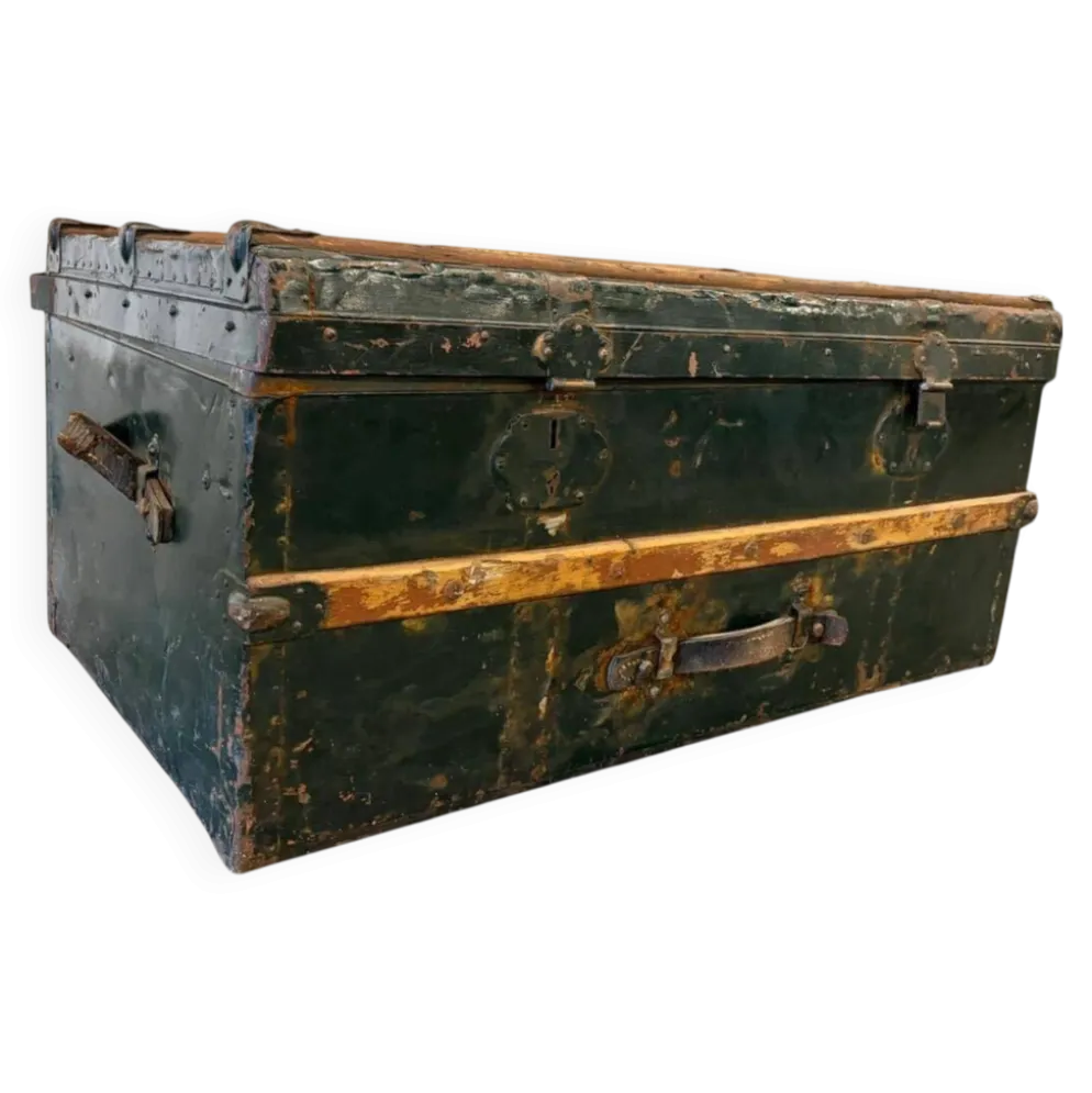 Coffre industriel vintage XL vert en métal / malle de voyage
