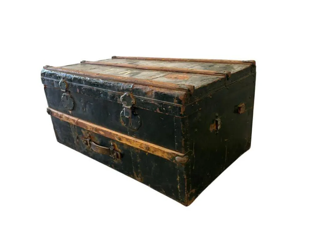 Coffre industriel vintage XL vert en métal / malle de voyage