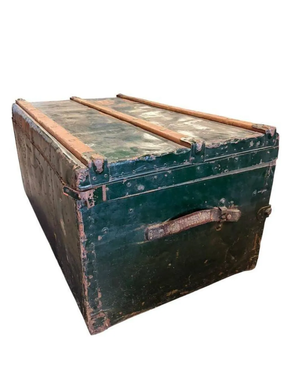 Coffre industriel vintage XL vert en métal / malle de voyage