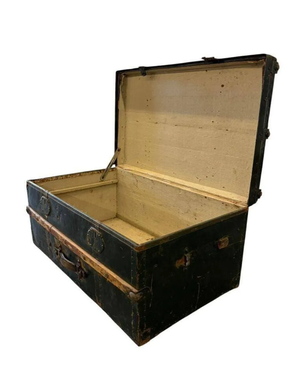 Coffre industriel vintage XL vert en métal / malle de voyage