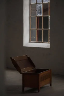 Coffre moderne danois en Oak avec sculpture décorative en relief, milieu du 20e siècle