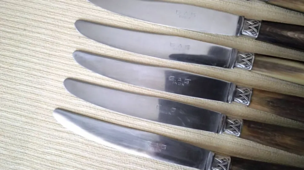 Coffret de 6 couteaux à fromage anciens Inox et corne Bovine GAG