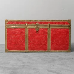 Coffre vintage en métal recouvert de cuir rouge, années 1950