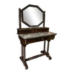 Coiffeuse ancienne anglaise en acajou sculpté, marbre noir et miroir