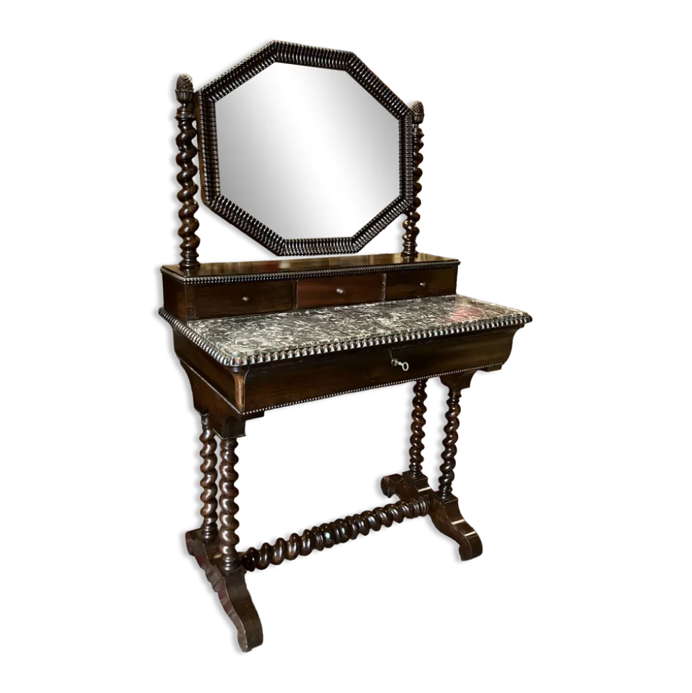 Coiffeuse ancienne anglaise en acajou sculpté, marbre noir et miroir