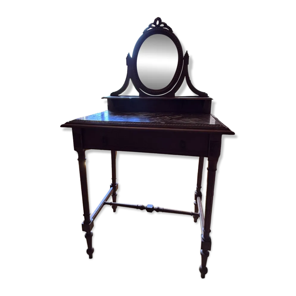 Coiffeuse ancienne en chêne et marbre rouge avec miroir pivotant