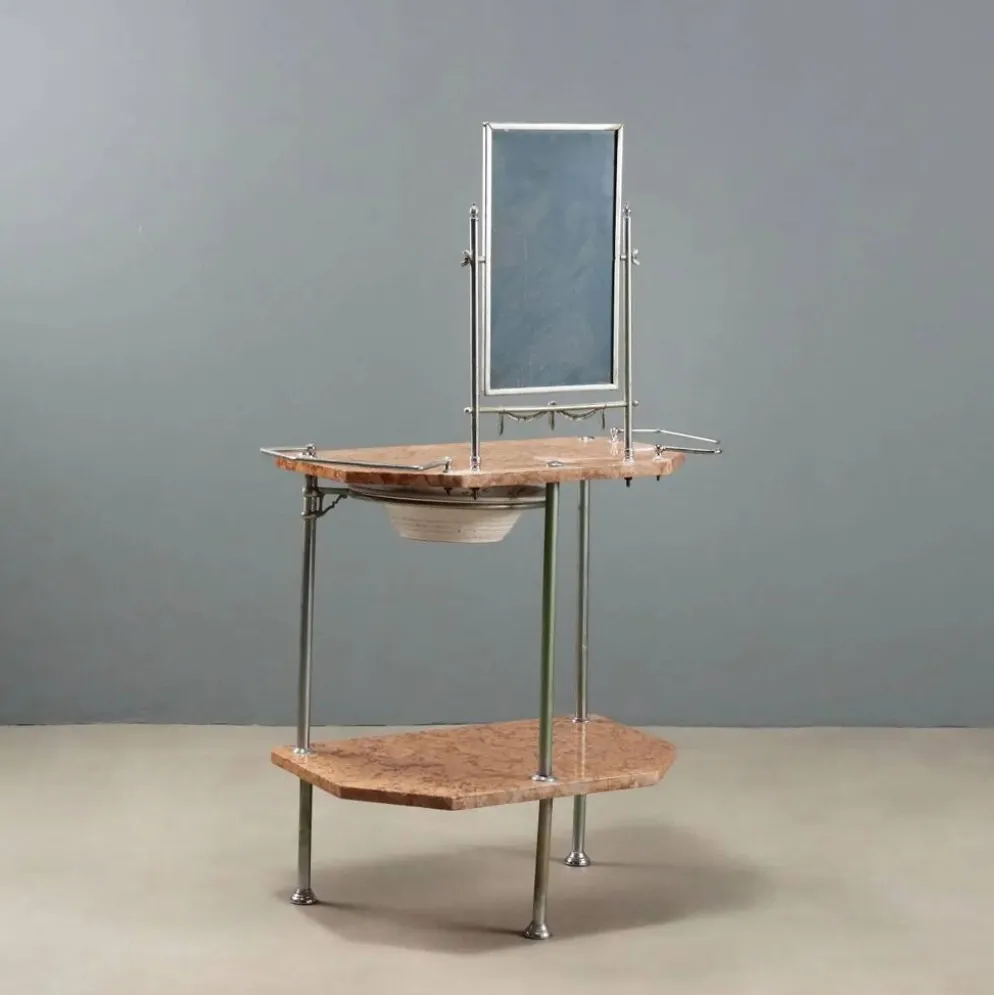 Coiffeuse ancienne en métal et marbre avec miroir, Italie, XXe siècle