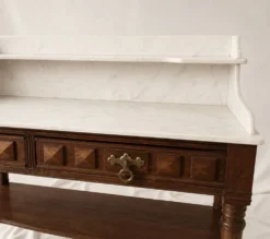 Coiffeuse ancienne style Louis XVI en bois et marbre blanc veiné
