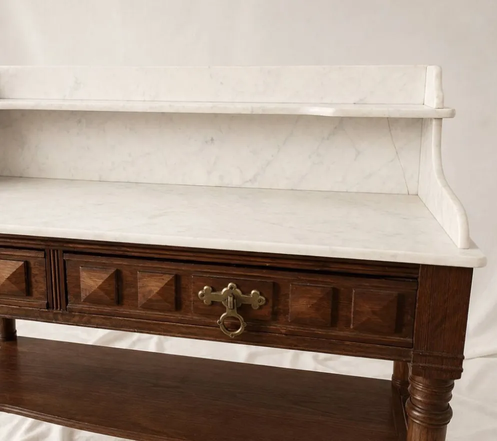 Coiffeuse ancienne style Louis XVI en bois et marbre blanc veiné