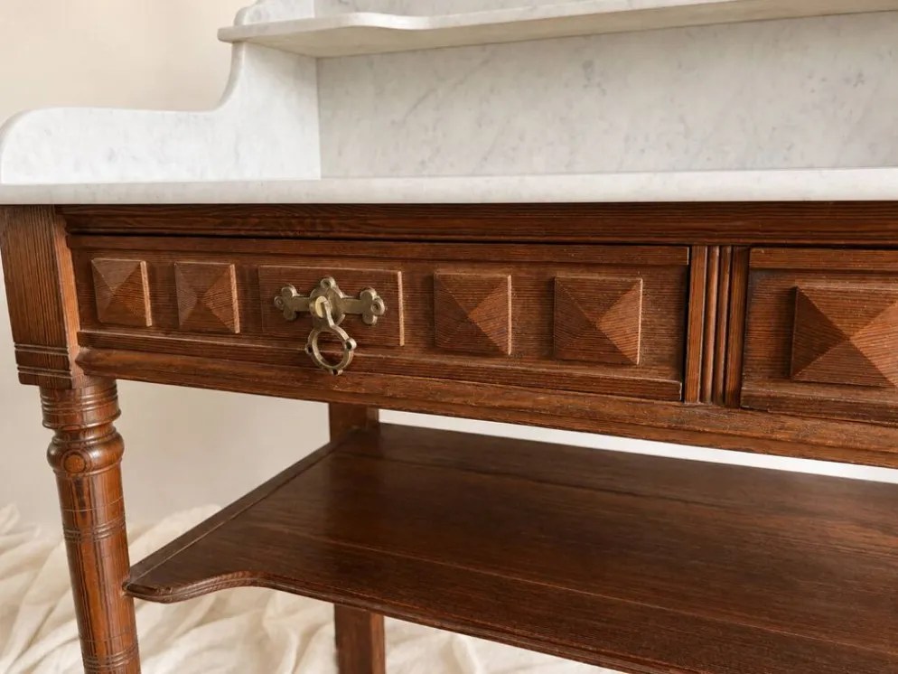 Coiffeuse ancienne style Louis XVI en bois et marbre blanc veiné