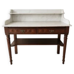 Coiffeuse ancienne style Louis XVI en bois et marbre blanc veiné