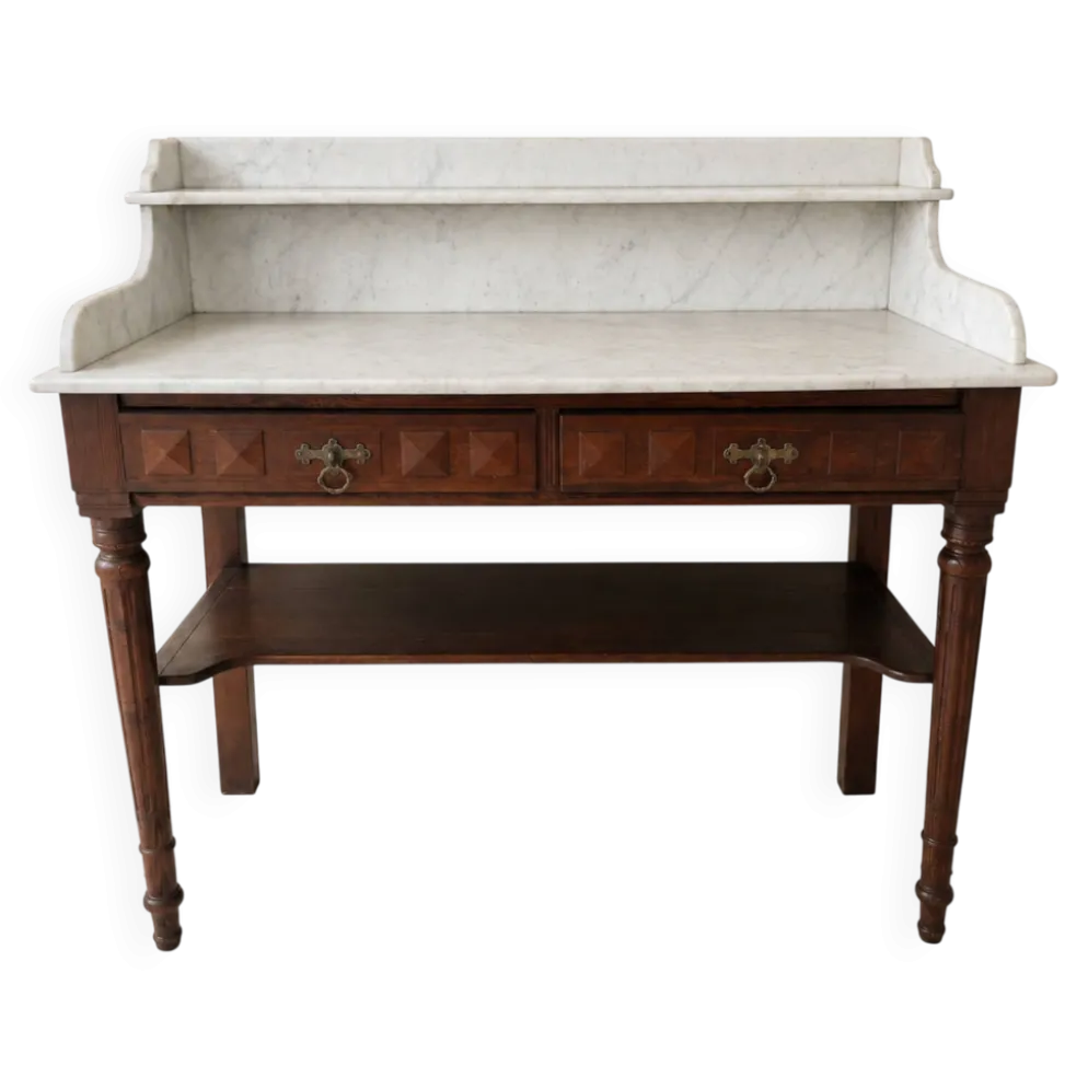 Coiffeuse ancienne style Louis XVI en bois et marbre blanc veiné