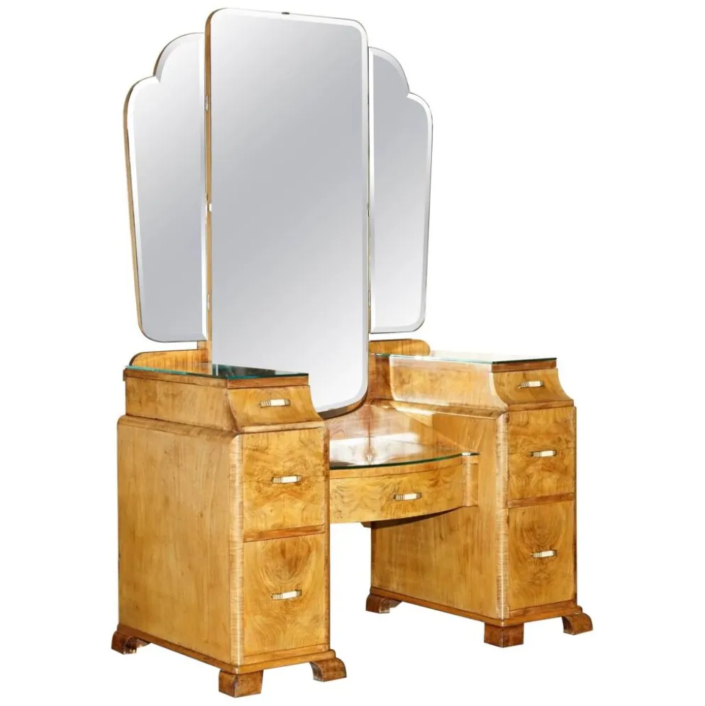 Coiffeuse Art Déco circa 1930 en noyer satiné avec miroir