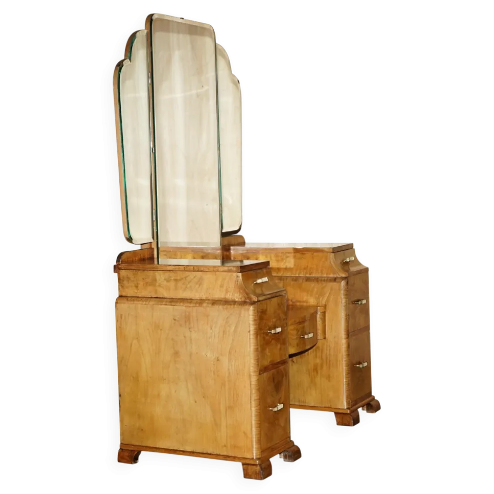 Coiffeuse Art Déco circa 1930 en noyer satiné avec miroir