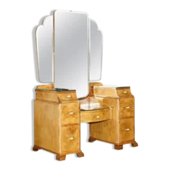 Coiffeuse Art Déco circa 1930 en noyer satiné avec miroir