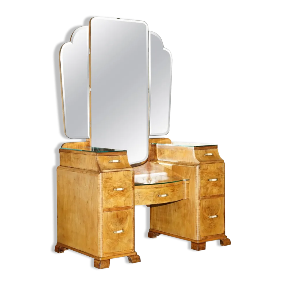 Coiffeuse Art Déco circa 1930 en noyer satiné avec miroir