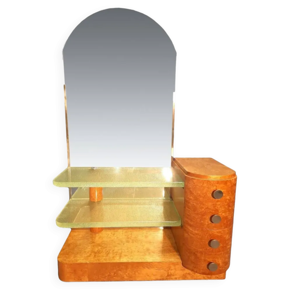 Coiffeuse Art Déco en bois clair et dalles de verre
