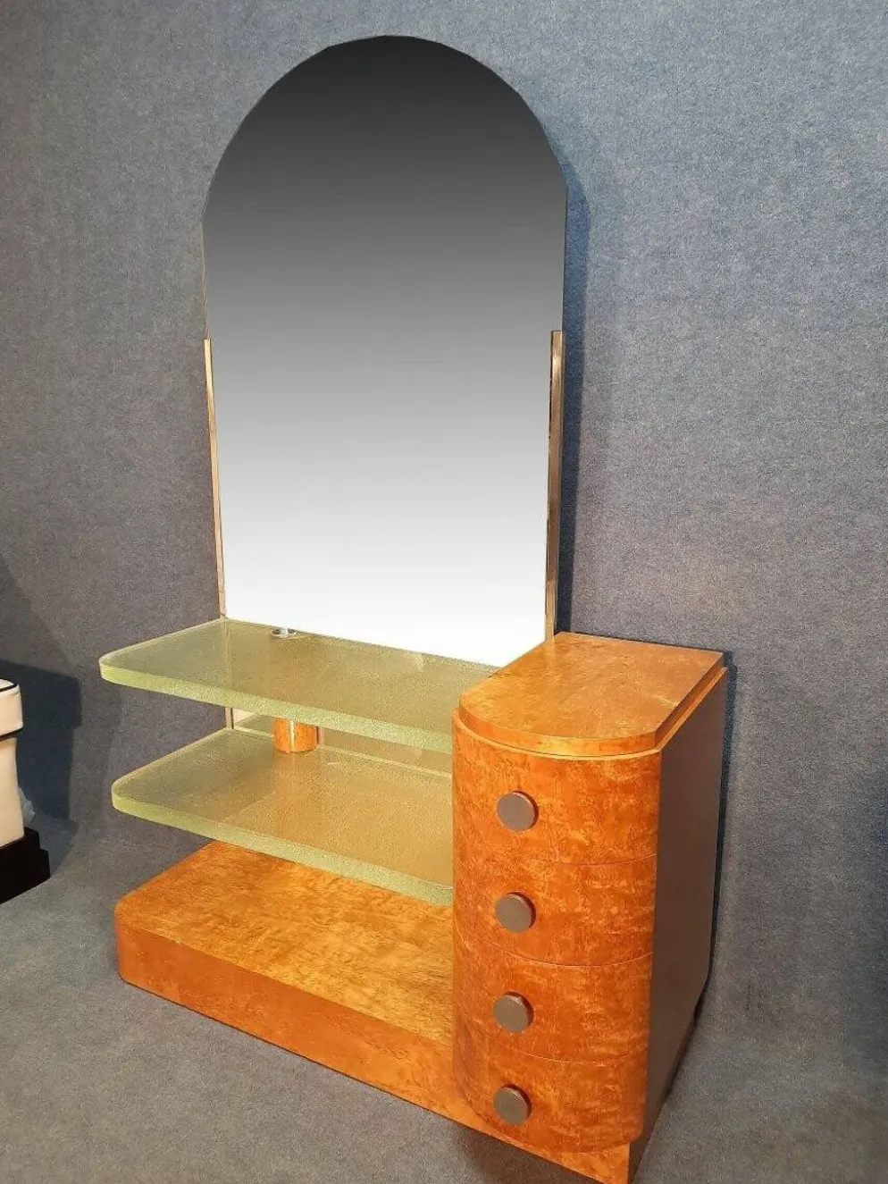 Coiffeuse Art Déco en bois clair et dalles de verre