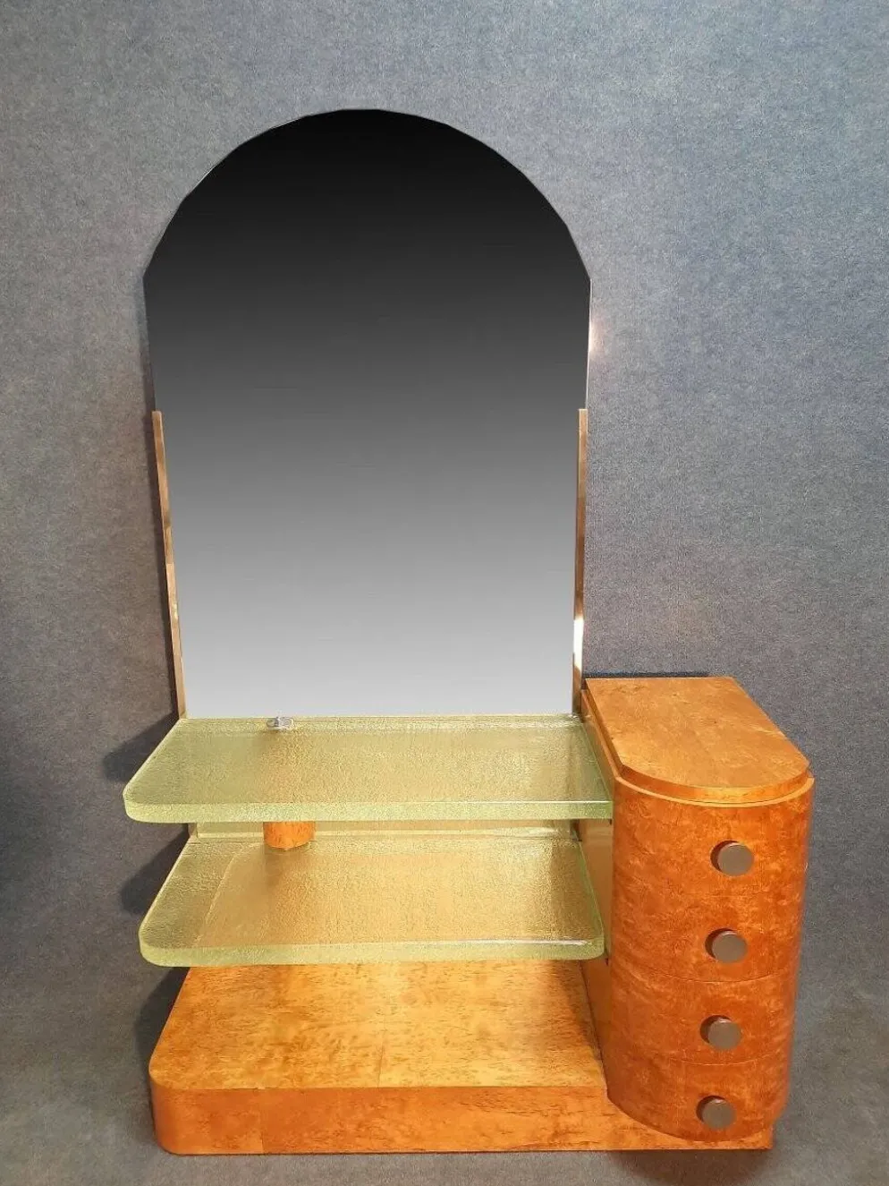 Coiffeuse Art Déco en bois clair et dalles de verre