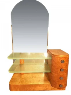 Coiffeuse Art Déco en bois clair et dalles de verre