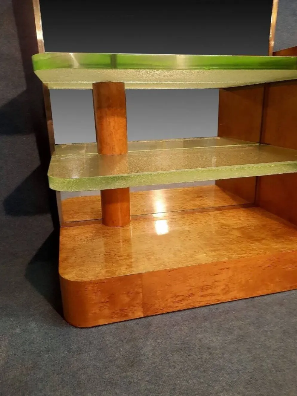 Coiffeuse Art Déco en bois clair et dalles de verre