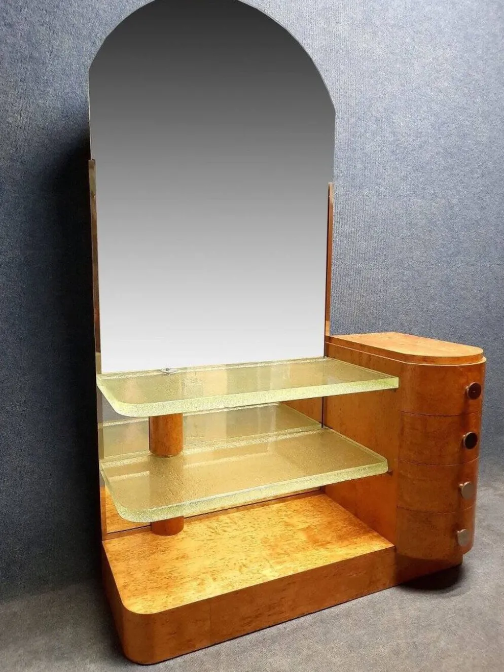 Coiffeuse Art Déco en bois clair et dalles de verre