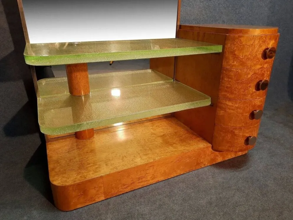 Coiffeuse Art Déco en bois clair et dalles de verre