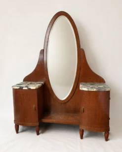Coiffeuse Art Déco en bois et marbre, grand miroir ovale, années 30-40