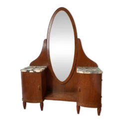 Coiffeuse Art Déco en bois et marbre, grand miroir ovale, années 30-40